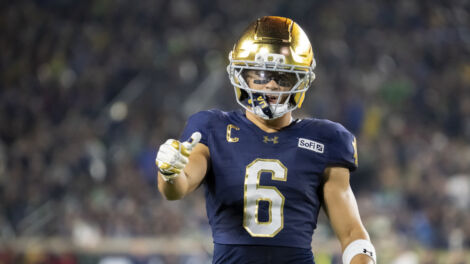 SOUTH BEND, IN - SEPTEMBER 19:Notre Dame Fighting Irish wide receiver Jordan Faison (6) reacts after a play during the game between the Michigan State Spartans and the Notre Dame Fighting Irish on September 19, 2026 at Notre Dame Stadium in South Bend, Indiana. (Photo by Joseph Weiser/Icon Sportswire)