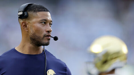 CHAPEL HILL, NC - OCTOBER 03: Head coach Marcus Freeman of the Notre Dame Fighting Irish reacts during the college football game against the North Carolina Tar Heels on October 03, 2026 at Kenan Memorial Stadium in Chapel Hill, North Carolina. (Photo by Joe Robbins/Icon Sportswire)
