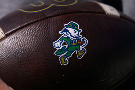 WEST LAFAYETTE, IN - SEPTEMBER 26: A detail shot of a football with the Notre Dame Fighting Irish logo during the college football game between the Purdue Boilermakers and Notre Dame Fighting Irish on September 26, 2026, at Ross-Ade Stadium in West Lafayette, IN. (Photo by Zach Bolinger/Icon Sportswire)