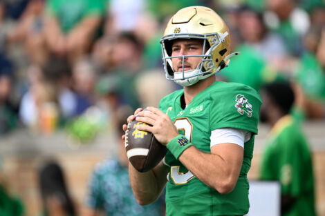 SOUTH BEND, IN - OCTOBER 10: Notre Dame Fighting Irish QB CJ Carr (13) warms up prior to a college football game between the Stanford Cardinal and Notre Dame Fighting Irish on October 10, 2026 at Notre Dame Stadium in South Bend, IN. (Photo by James Black/Icon Sportswire)