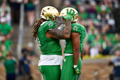 SOUTH BEND, IN - OCTOBER 10: Notre Dame Fighting Irish DL Keon Keeley (11) celebrates a blocked pass with Notre Dame Fighting Irish DL Tionne Gray (0) during a college football game between the Stanford Cardinal and Notre Dame Fighting Irish on October 10, 2026 at Notre Dame Stadium in South Bend, IN. (Photo by James Black/Icon Sportswire)
